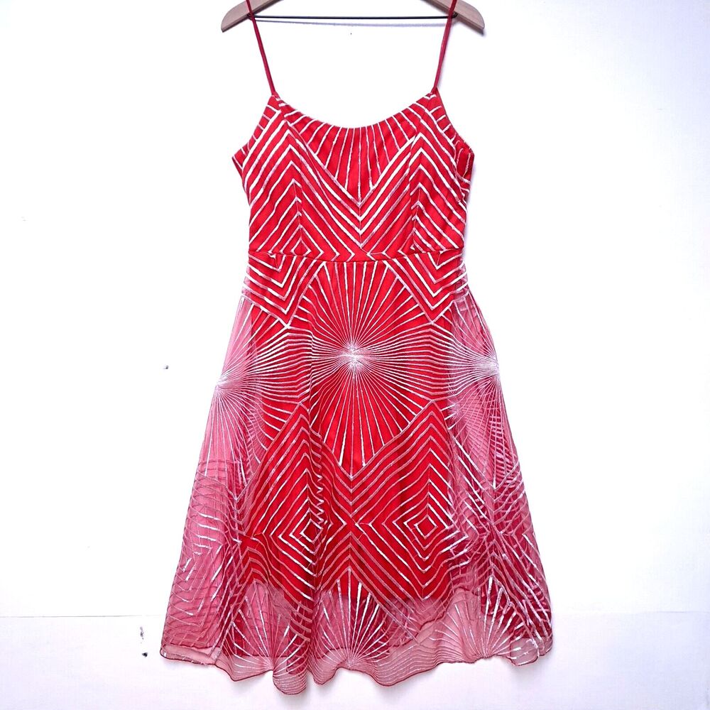Vibrant Red & White Shimmer Geometric Patterned Midi Spaghetti Strap Dress XL